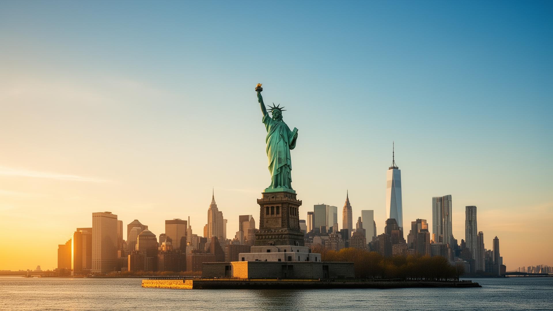 Estátua da Liberdade e skyline de Nova York ao entardecer